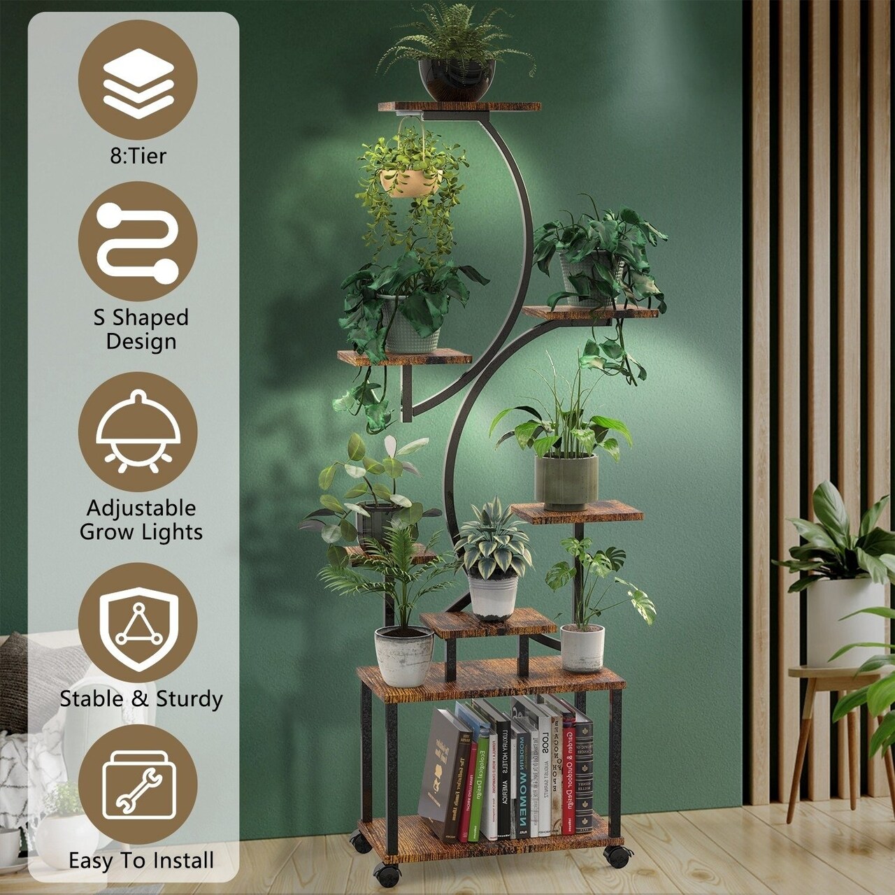 8 Tiered Plant Stand Indoor With Grow Lights S-Shaped Lighted Plant Shelf 61.42In Plant Tower With 4 Lockable Wheels For